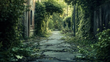 Fototapeta premium An abandoned city street, overgrown with vines, nature reclaiming the pavement --ar 16:9 --v 6.1 Job ID: 7007e8ca-dbec-4aed-96bf-b7af902d0def