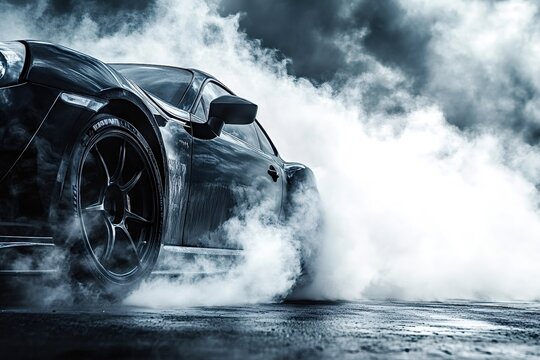 Modern black sports car is burning rubber and generating a large cloud of white smoke from its rear wheels on a wet asphalt road under a dramatic cloudy sky