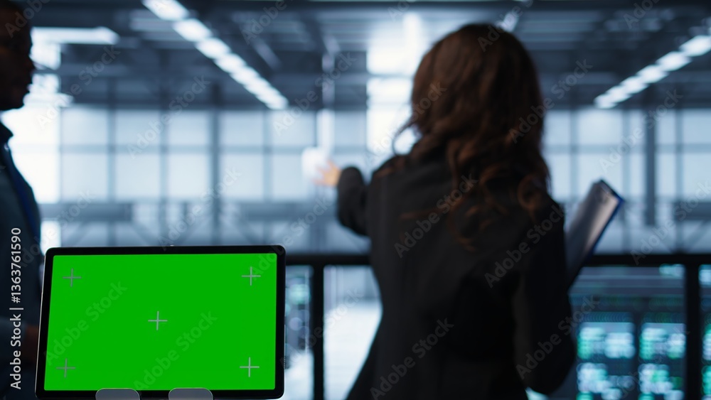 Poster focus on chroma key device in front of data center technicians analyzing metrics. close up of isolat