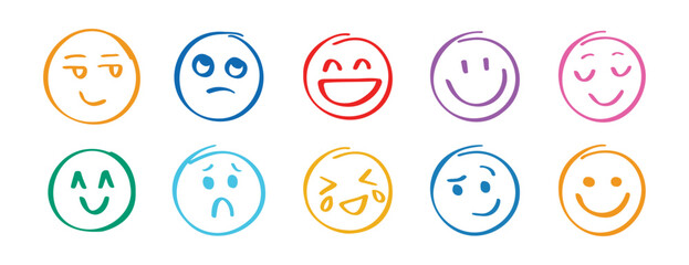 Human emotions smiley doodle hand drawn set. Funny hand drawn faces abstract collection. Cute expression, angry or sad comic communication