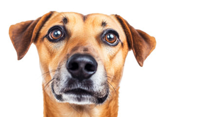 Adorable close-up brown dog head, attentive gaze, endearing, cut out transparent