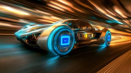 Obraz premium Driving Futuristic Concept Car with Glowing Wheels and Speeding Light Trails