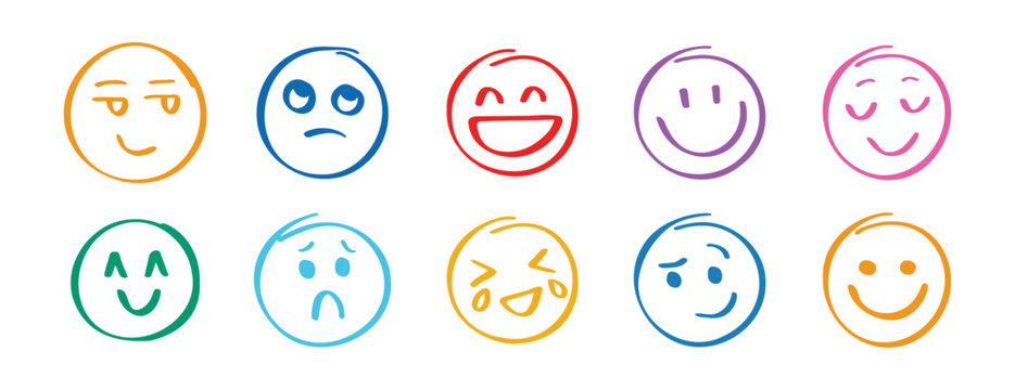 Naklejki Human emotions smiley doodle hand drawn set. Funny hand drawn faces abstract collection. Cute expression, angry or sad comic communication