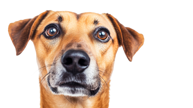 Adorable close-up brown dog head, attentive gaze, endearing, cut out transparent