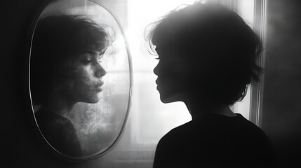 A person observes their reflection in an oval shaped mirror