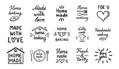 Home cooking, home baking or made with love, old style kitchen lettering, food and cooking set. Home made doodle simple ink or pen outline emblems