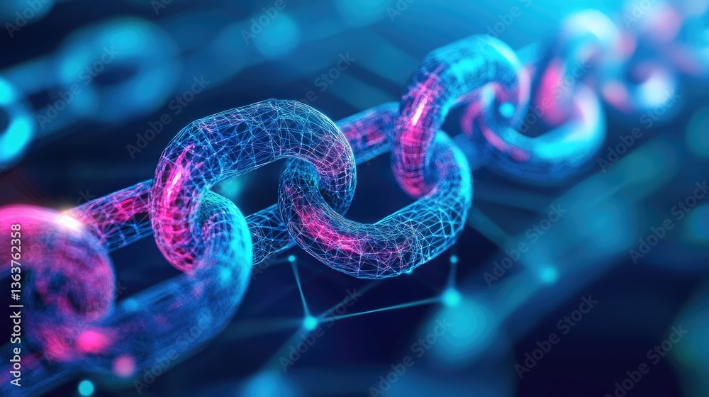 Poster neon-glowing blockchain security network ensuring encrypted financial transactions and data privacy.