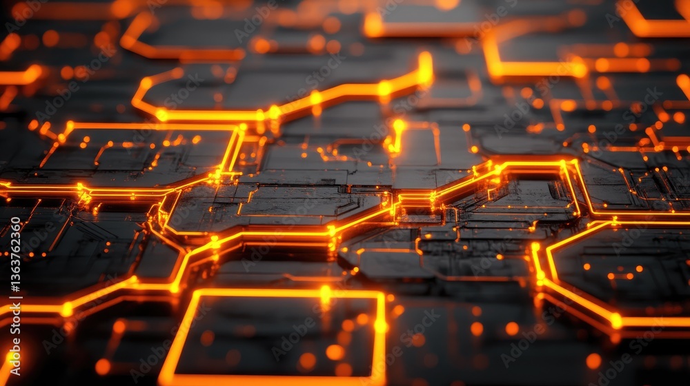 Poster neon-glowing blockchain security network ensuring encrypted financial transactions and data privacy.