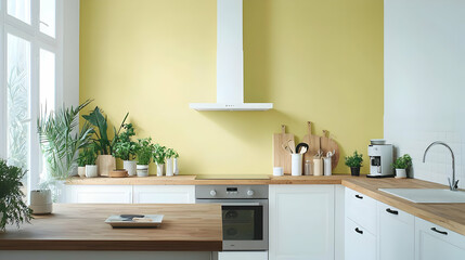 Bright Modern Kitchen With Yellow Walls And Wooden Countertops