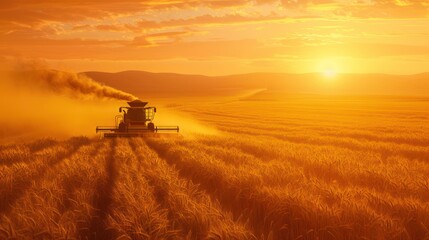 Fototapeta premium Harvester in Golden Wheat Field at Sunset Agricultural Machinery Farming Equipment Harvest S