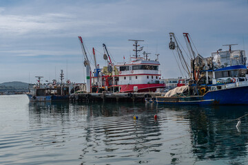 Fototapeta premium Fishing trawlers moored at industrial harbor