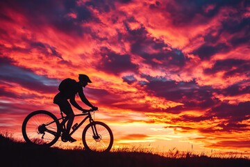 Fototapeta premium Silhouette Cyclist Mountain Bike Sunset Dramatic Fiery Sky Intense Colors Vivid Red Orange Hues Adventurous Rider Sporty Active Lifestyle Extreme Outdoor Recreation Stunning Nature Landscape 