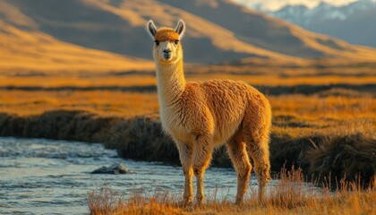 Golden Hour Alpaca in Andean Landscape