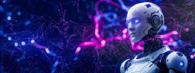 3D humanoid AI robot metaverse cyberspace digital world background revolution artificial intelligence automated digital technology industry 4.0, humanoid concept Neural Connections Cybernetic Networks