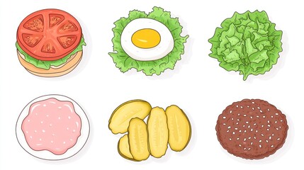 Fototapeta premium Burger ingredients patty, egg, tomato, lettuce, pickles, mayo. Food preparation guide