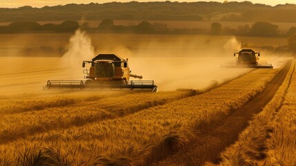 Fototapeta premium Harvesting Wheat Fields at Sunset with Agricultural Machinery