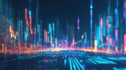 Neon blue futuristic interface displaying online stock trading data, crypto prices, and AI-driven market predictions.