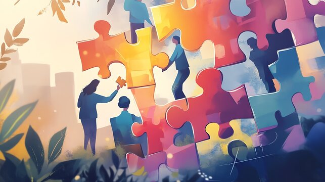 People working together on a collaborative team puzzle illustration