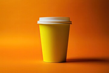 Bright yellow disposable coffee cup against an orange background