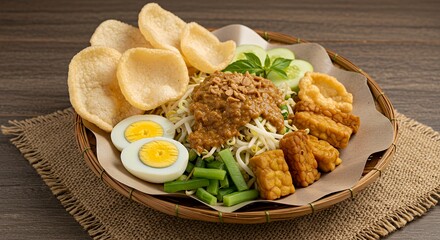 Naklejka premium Delicious Indonesian Gado-Gado Platter with Crispy Crackers and Eggs