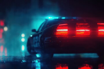 Rainy night police car chase, city background, crime investigation