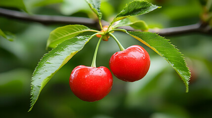 Pair Of Bright Red Cherries Hanging From Green Leaves With Water Droplets In Daylight