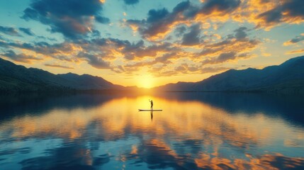 Stand-up paddleboarder enjoys a majestic sunset on a tranquil lake retreat