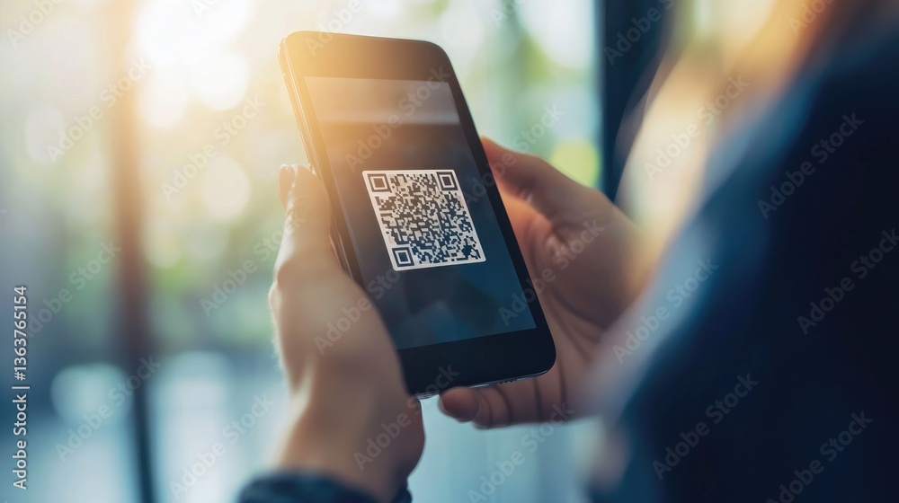 Poster qr code payment verification on a smartphone screen, completing a secure and fast online transaction