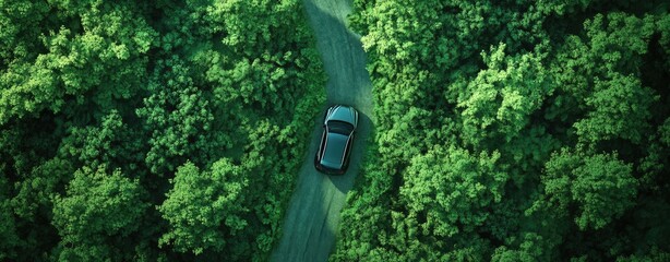 Aerial View of a Car in a Lush Forest