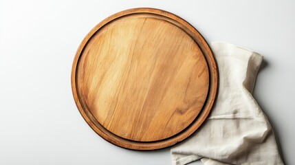 Rustic Wooden Round Serving Tray Natural Wood Texture Empty Top View Beige Linen Napkin Kitchen Table Food Photography Mockup Background Design Element home cafe copy brown plate board clean style    