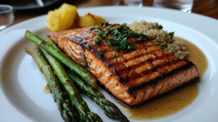 Exquisite grilled salmon steak served with quinoa and fresh asparagus spears