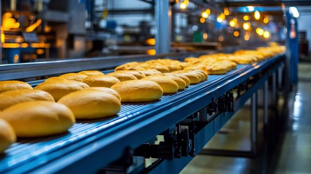 Factory Fresh: Witness the automated process of mass-producing loaves of bread on an industrial production line, a symphony of precision and efficiency that brings the staple food to your table.