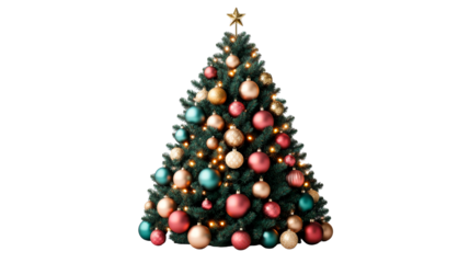 Christmas tree with ornaments, cut out transparent