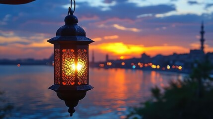 Sunset Glow: A Serene Ramadan Evening in a City by the River