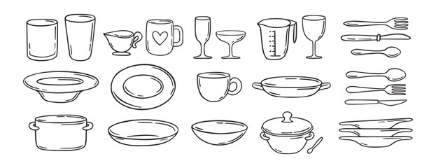 dishes dinnerware doodle hand drawn icon set. Plate, glass and cup, mug, bowl. Outline drawing tableware for kitchen line clipart symbol collection