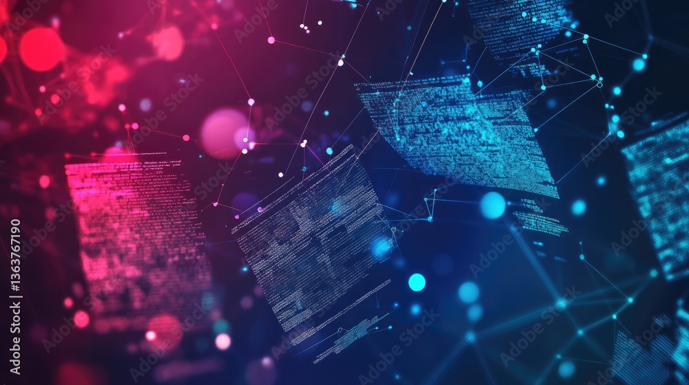 Poster smart contract concept with blockchain verification process, decentralized ledger icons, and futuris