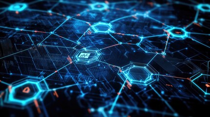 Obraz premium Smart contract concept with blockchain verification process, decentralized ledger icons, and futuristic coding elements.