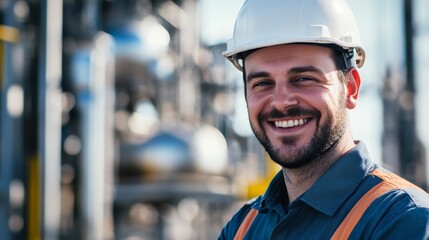Smiling Industrial Worker in Hard Hat and Safety