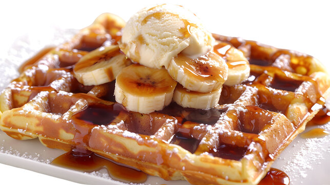 Sweet waffles with banana slices and ice cream topping