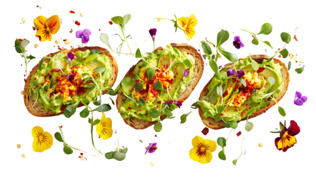 Three Gourmet Avocado Toasts with Microgreens and Edible Flowers