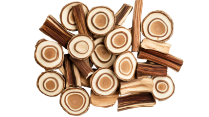 Pile of cut Arjuna tree sticks with rings, round, herbal , cut out transparent