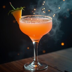 Fototapeta premium close cocktail martini glass glass filled orange colored drink has thin rim drink garnished small green chili pepper rim cloud smoke rising glass indicating cocktail background dark blurred small