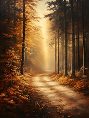 Obraz premium Serene autumn forest path illuminated by golden sunlight with vibrant foliage and soft shadows