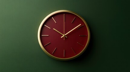 Red gold clock on green wall, time management concept, website design