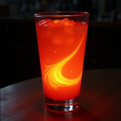 close tall glass filled red orange drink drink appears cocktail similar type drink ice cubes floating glass sitting wooden table background blurred making drink focal point color drink gradient