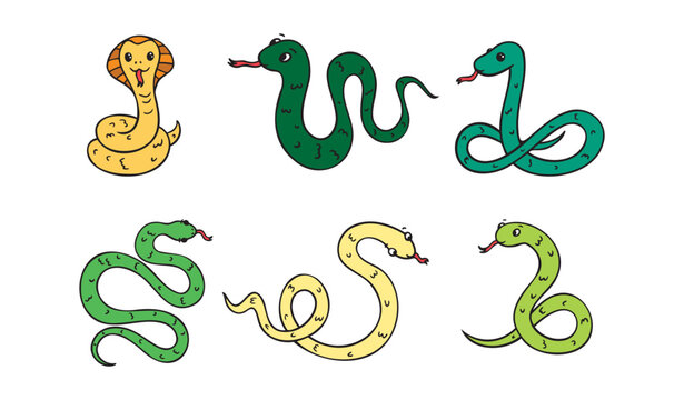 Hand drawn cute cartoon color green, outline simple snake set. Kind doodle snake smile isolated on white background.