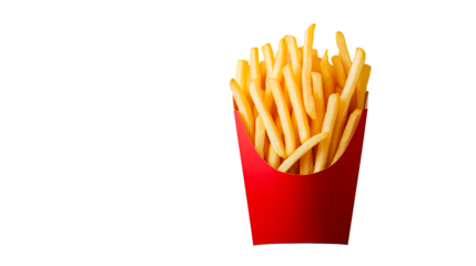 Crispy golden french fries in red container, cut out transparent