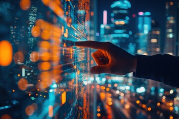 Hand Interacting with Digital Data Overlay in Urban Cityscape at Night
