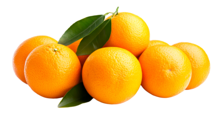 Fresh citrus fruit oranges pile close-up with leaves, cut out transparent