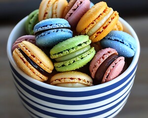 Colorful macarons in striped bowl.